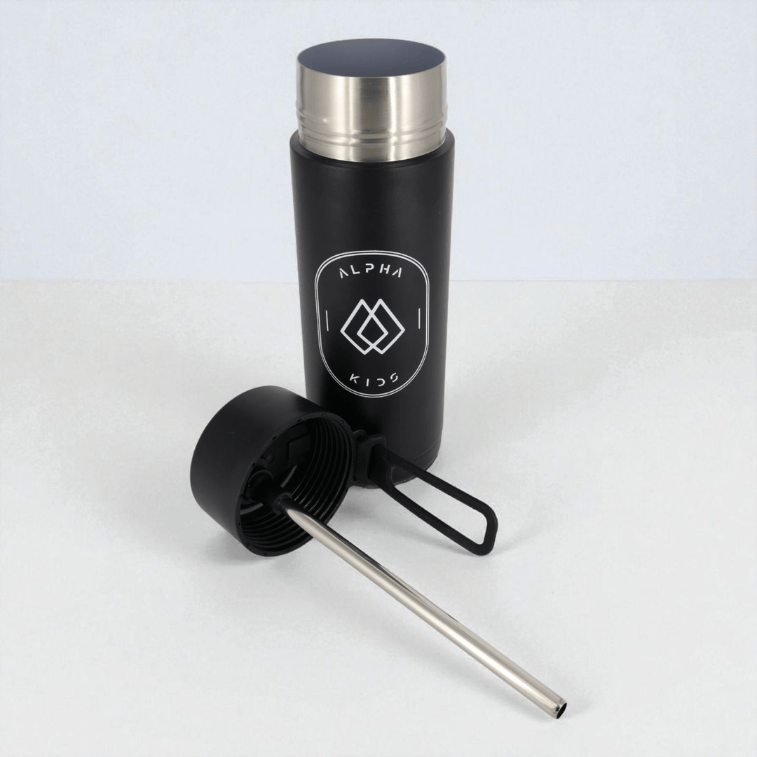 Alpha Kids Stainless Drink Bottle – 600 ml | Leakproof Kids Bottle for School (Black) - Alpha Bottle